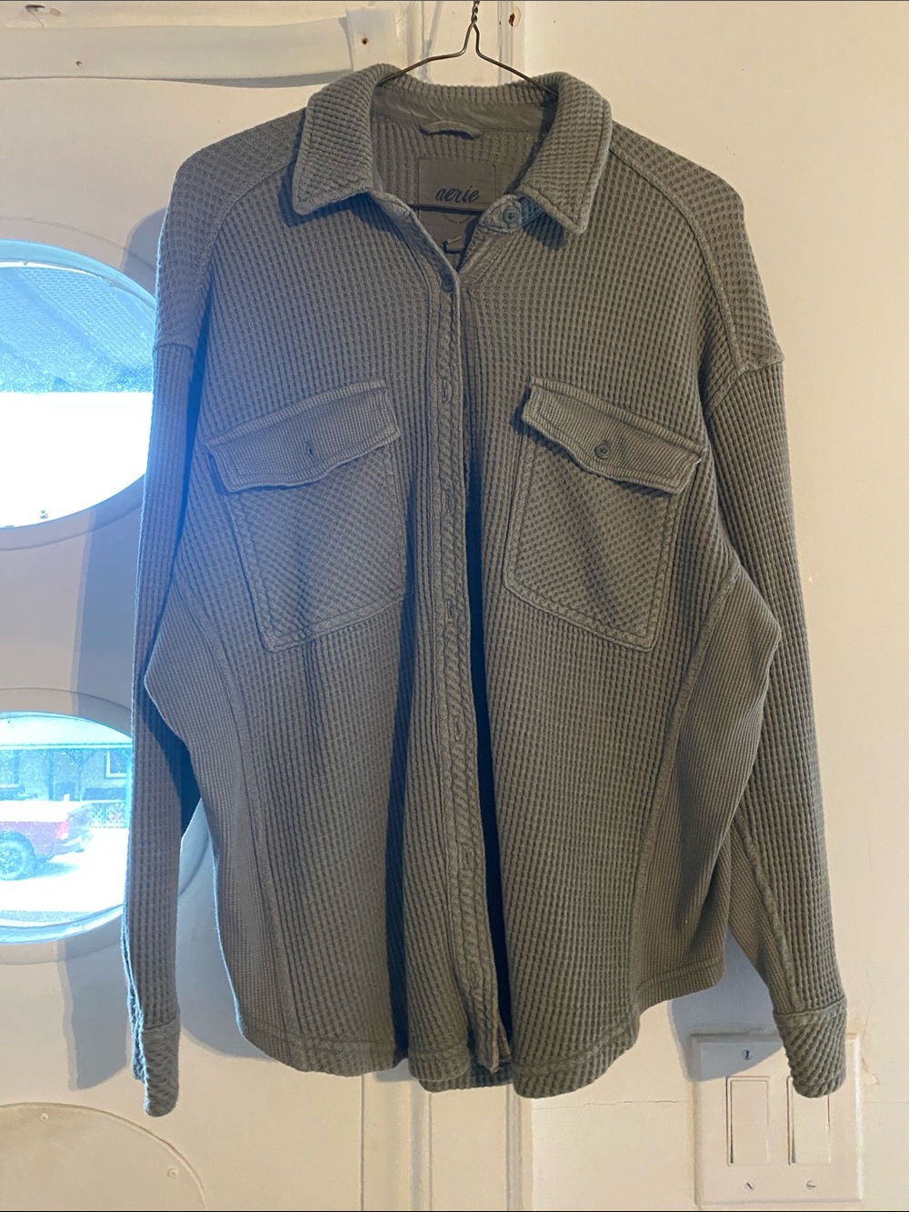 aerie Olive Green Waffle-Knit Button-Down Shirt Jacket
